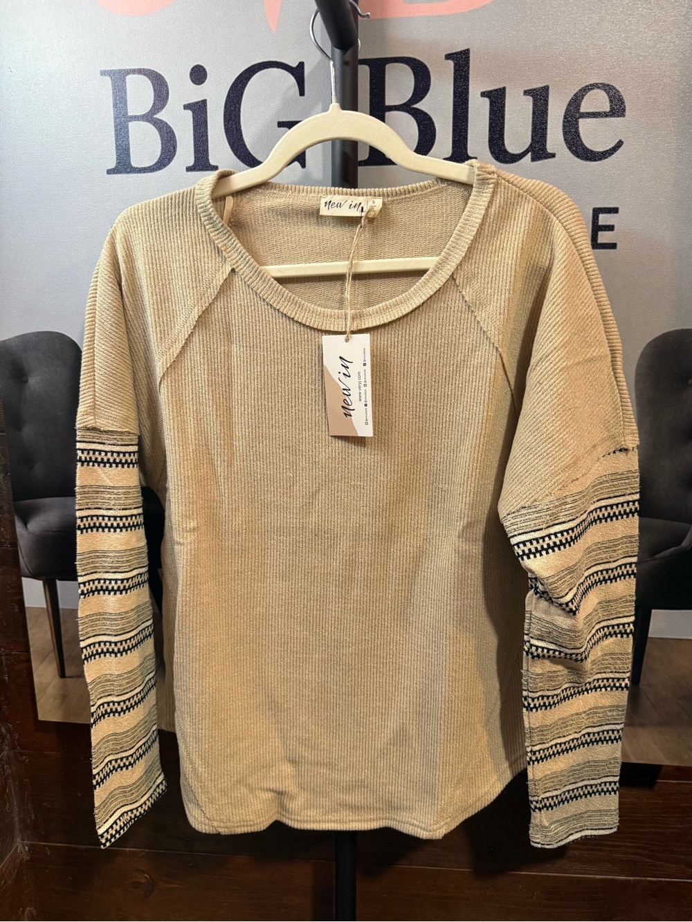 New Era Beige Long Sleeve Waffle Knit Top with Striped Sleeves